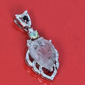 925 Sterling Silver Pendant with Natural Tourmalated Rose Quartz & White Opal